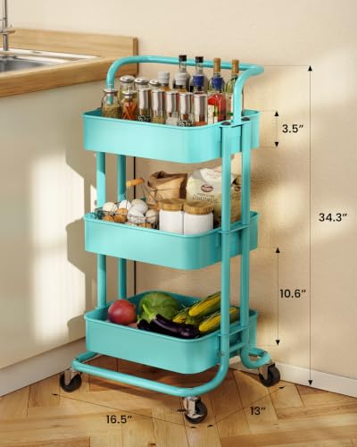 Pipishell Metal 3 Tier Rolling Cart with Handle & Wheels, Turquoise - color: Turquoise, size: 3-Tier