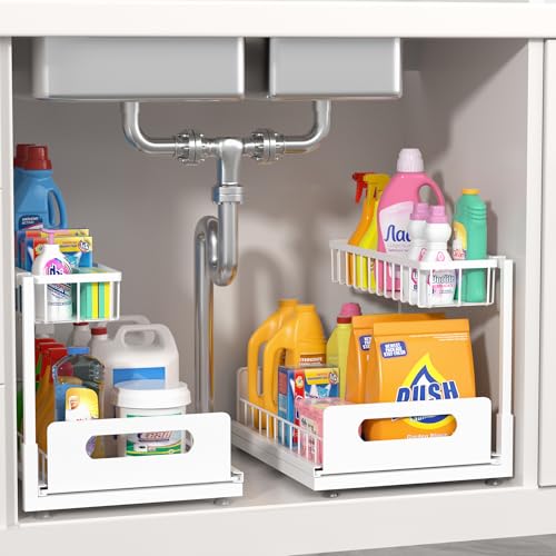 Under Sink Organizer, 2-Tier Pull-Out Metal Drawer, 2 Pack - color: White, size: Standard-2 Pack