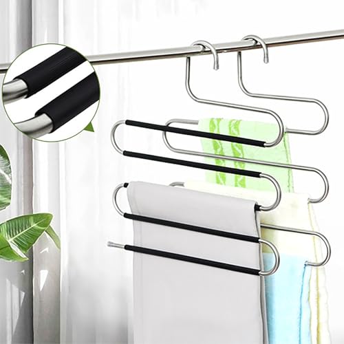 Pants Hangers Space Saving Clothes Hanger for Closet, 5 Layer - color: Rose Red+silver