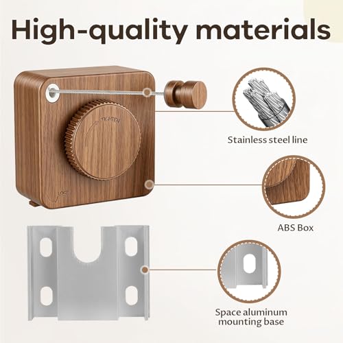Retractable Clothesline Indoor & Outdoor, Non-Sagging Heavy Duty Retracting Laundry Drying Line, Wall Mounted Stainless Steel Clothes Line - 16.7 Ft (Wood‑Toned) - color: Wood‑toned