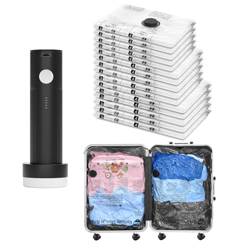 Vacuum Seal Bags for Clothing Travel and Home Storage, Travel Vacuum Bags with Electric Pump, Space Saver Compression Packing Cubes for Luggage Suitcase Bedding Blankets Clothes, 15 Combo - size: 15 Combo