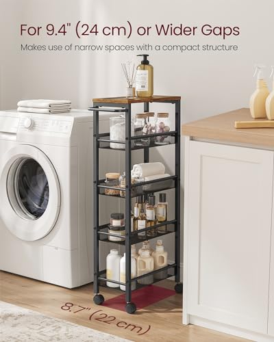 VASAGLE 5-Tier Slim Rolling Storage cart with Wheels, 8.7 Inches, Metal - color: Rustic Brown + Classic Black, size: 5 Tiers (8.7"D x 39.2"H)