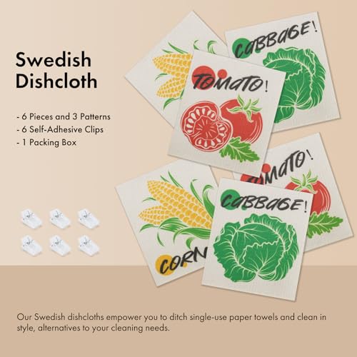 Swedish Dishcloths for Kitchen, 6 Pack Vegetable Swedish Dish Towels with Clips, Reusable Paper Towels Washable Non-Scratch Super Absorbent Cellulose Sponge Cloths, Biodegradable No Odor - color: Vegetable