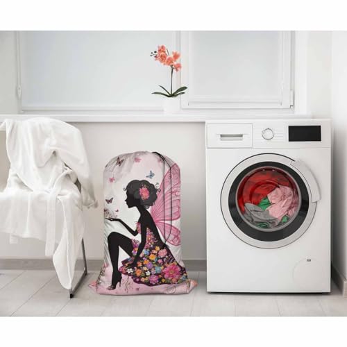Swono Extra Heavy Duty Laundry Bag Butterfly Girl Fairy, Cartoon Flower Magic Silhouette X-Large Dirty Clothes Drawstring Bag, Washable Laundry Liner for Hamper, Ideal for Camp, Travel - color: Butterfly Girl Fairy