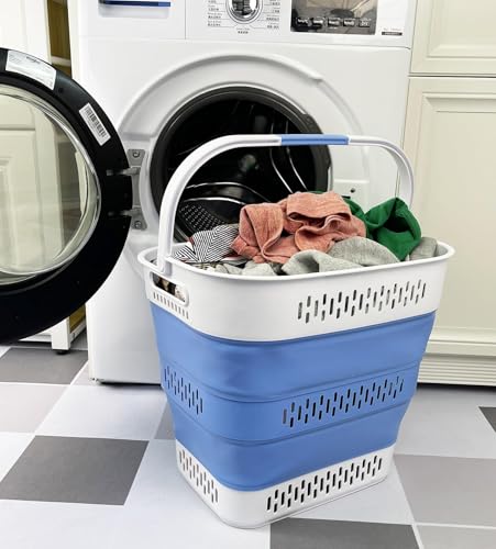SAMMART 40L (10.5 Gallon) Collapsible Plastic Laundry Basket with Handles - Foldable Pop Up Storage Container/Organizer - Portable Laundry Hamper - Space Saving (1, Grey/Little Boy Blue) - color: Grey/Little Boy Blue