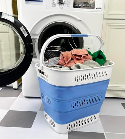 SAMMART 40L (10.5 Gallon) Collapsible Plastic Laundry Basket with Handles - Foldable Pop Up Storage Container/Organizer - Portable Laundry Hamper - Space Saving (1, Grey/Little Boy Blue) - color: Grey/Little Boy Blue