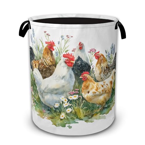 Chicken Rooster Laundry Basket,Green Grass Collapsible Laundry Baskets with Handles,Waterproof Oxford Cloth Hamper,Storage Organizer for Bathroom Bedroom Dorm - color: Chicken Rooster,Green Grass