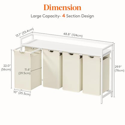 Lifewit Laundry Hamper 4 Section, 168L Pull out Laundry Clothes Basket Organizer with Large Top Shelf and 4 Removable Bags and Handles for Laundry Room Bedroom Bathroom, White with A Shelf