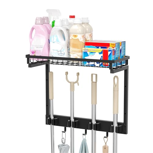 XLP Broom Holder Wall Mount, Mop Organizer Wall Hanging with Hooks, Black