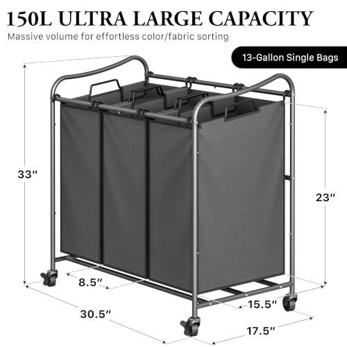 Simple Houseware Heavy Duty 3-Bag Laundry Sorter Rolling Cart, Dark Grey - color: Dark Grey