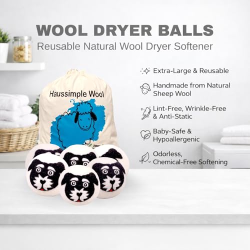 Wool Dryer Balls 6-Pack 100% Natural New Zealand Wool, Handmade in Nepal Reusable Laundry Balls, Faster Drying, Softer Clothes, Anti-Static, Dryer Sheets Alternative (Black White, Dog) - color: Black White Dog