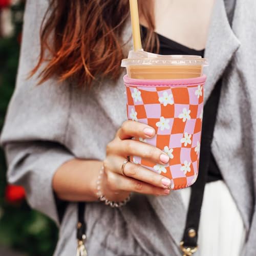 Reusable Insulated Neoprene Iced Coffee Cup Sleeve, Durable Drink Sleeve for Cold Beverages, Beverage Holder for Iced Coffee (Daisy Grid) - color: Daisy Grid