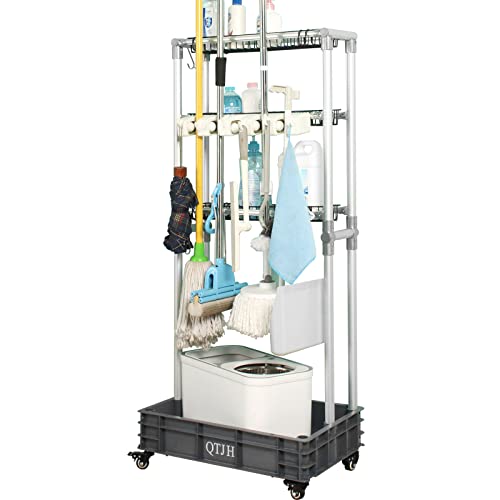 Storage Shelf Broom mop Holder Hold Your Cleaning Supplies Janitorial cart Steel Organizer Wire Rack