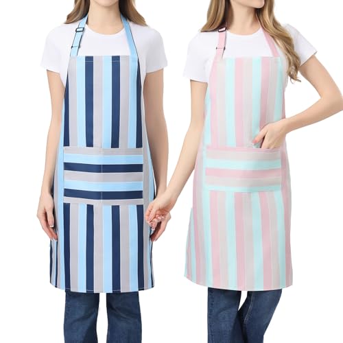 2-piece kitchen aprons, adjustable neck strap waterproof aprons with pocket design, blue and pink striped chef aprons suitable for grilling, baking, and restaurant work