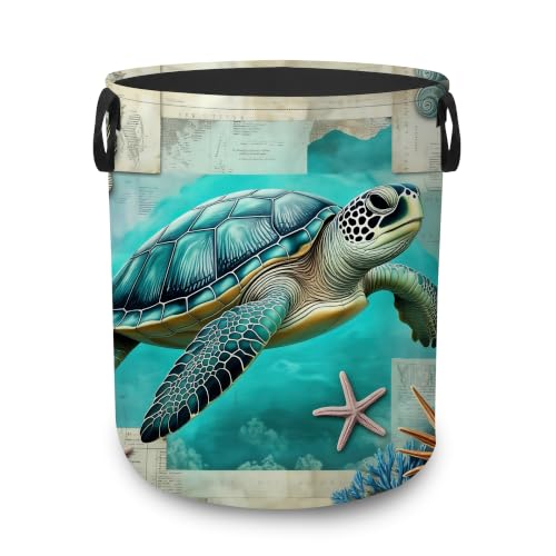 Laundry Basket,Sea Turtle Beach Foldable Clothes Hamper with Handles,Coastal Ocean Waterproof Oxford Cloth Storage Organizer for Bedroom Bathroom College Dorm,16" x 20" - color: Sea Turtle Beach,Coastal Ocean