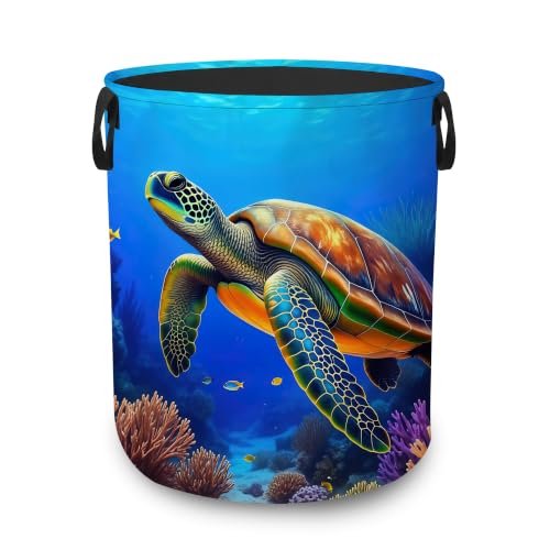 Sea Turtle Coral Dirty Clothes Hamper,Foldable Laundry Basket with Handles,Ocean Beach Waterproof Oxford Cloth Storage Bin for Bedroom Bathroom Nursery,16 x 20 Inch - color: Sea Turtle Coral,Ocean Beach