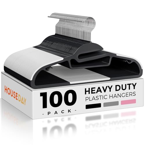 HOUSE DAY Slim Plastic Hangers with Non Slip Rubber Pads, 100 Pack, Black - color: Black + White, size: 100 Pack