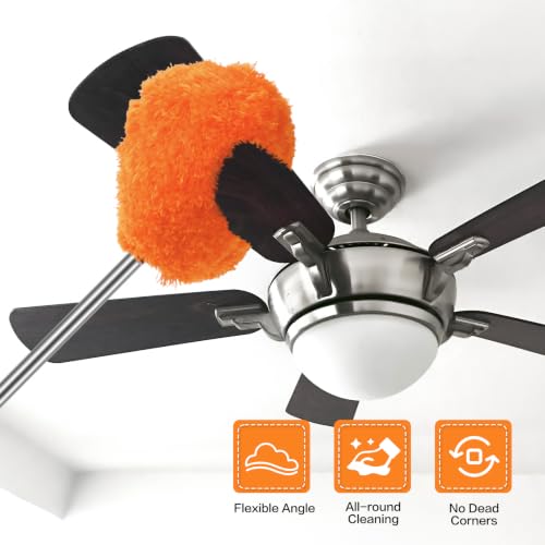 Ceiling Fan Cleaner Duster Reusable Microfiber Ceiling Fan Blade Cleaner Removable Duster with Extension Pole Adjusts 13 to 49.7 Inch for Cleaning Walls Bookshelves Furniture Door Window Top (Orange) - color: Orange