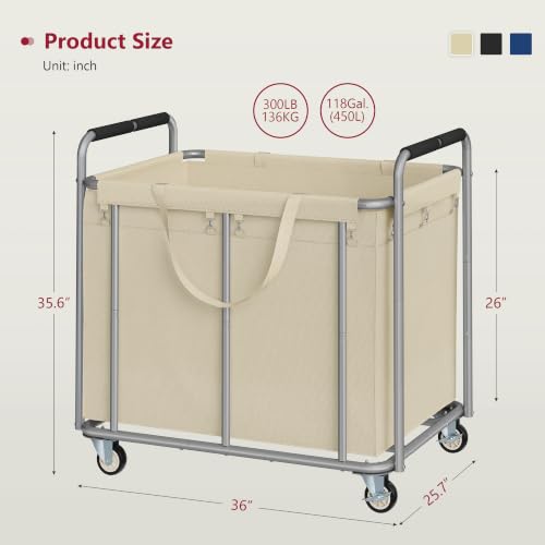 Tajsoon Large Laundry Cart with Wheels 450L, Large Laundry Basket, Kahki - color: Khaki, size: 1 Bag