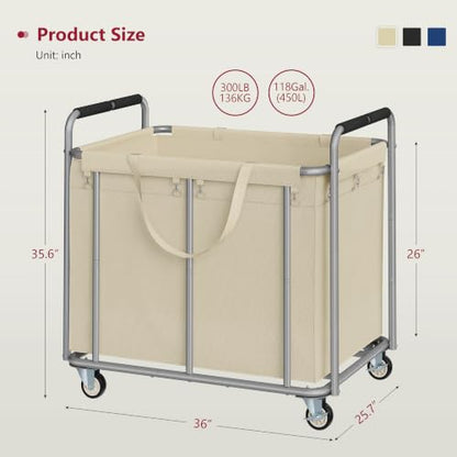 Tajsoon Large Laundry Cart with Wheels 450L, Large Laundry Basket, Kahki - color: Khaki, size: 1 Bag