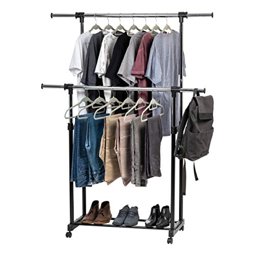 IRIS USA Portable Double-Rod Height Adjustable Clothes Rack with Extendable Bar and Lockable Wheels, Rolling Garment, Double Rod Wardrobe Rack, Easy Assemble, for Clothes, Belts, Shoes, and Bags - style: Double Extendable-Width Rods