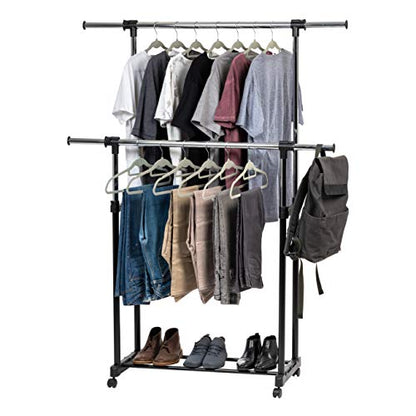 IRIS USA Portable Double-Rod Height Adjustable Clothes Rack with Extendable Bar and Lockable Wheels, Rolling Garment, Double Rod Wardrobe Rack, Easy Assemble, for Clothes, Belts, Shoes, and Bags - style: Double Extendable-Width Rods