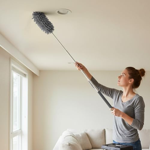 Microfiber Feather Duster with 29 in Telescoping Pole and Bendable Head for Ceiling Fans, Ceilings, Blinds, Furniture and Cars, Gray - color: Gray