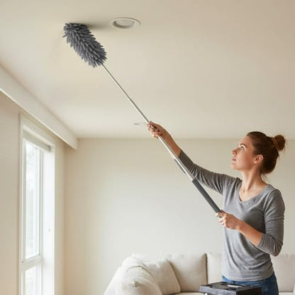Microfiber Feather Duster with 29 in Telescoping Pole and Bendable Head for Ceiling Fans, Ceilings, Blinds, Furniture and Cars, Gray - color: Gray