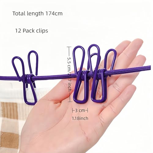 Portable Clothesline with 12 Clips - Extends 12ft, Heavy Duty Stainless Steel Hooks, Windproof for Travel/Camping/Indoor Use, Purple