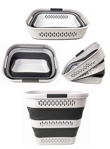 SAMMART 40L (10.5 Gallon) Collapsible Plastic Laundry Basket with Handles - Foldable Pop Up Storage Container/Organizer - Portable Laundry Hamper - Space Saving (2, White/Steel Grey) - color: White/Steel Grey