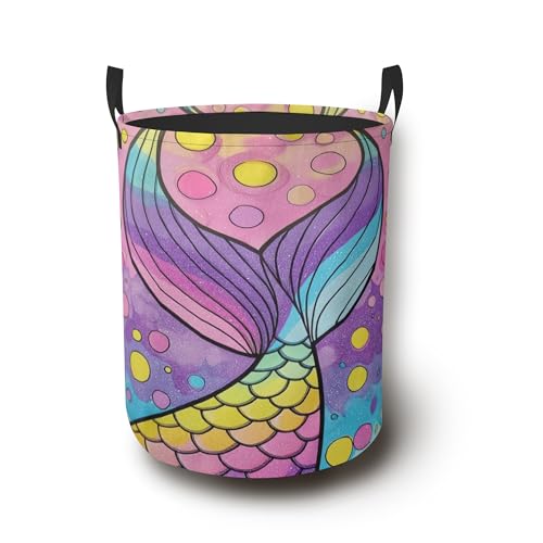 Colorful Cute Mermaid Laundry Hamper with Handles,Fish Collapsible Waterproof Storage Basket for Dirty Clothes Books Round Organizer Bin for Bathroom Bedroom College Dorms 16" x 20.8" - color: Colorful Cute Mermaid Fish
