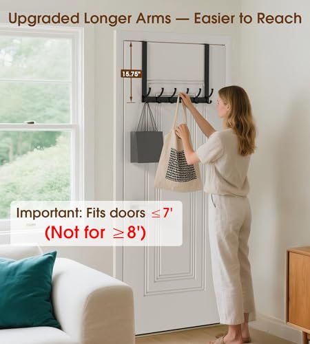 KitchLife Long Over The Door Hooks Hanger with 15.75 inches Extended Arms, Fits 1 3/4" Doors, F40U, 6 Double-Hanger Design Thickened Heavy Duty Bathroom Towel Rack Organization, Matte Black, 1 Pack - color: Matte Black, size: Fits 1 3/4" Doors with 15.75"