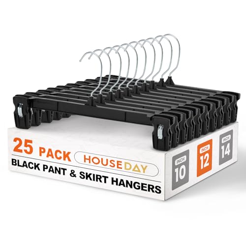 HOUSE DAY Black Pants Hangers with Clips 25 Pack, 12 Inch Skirt Hangers - color: 12"-black, size: 25 Pack