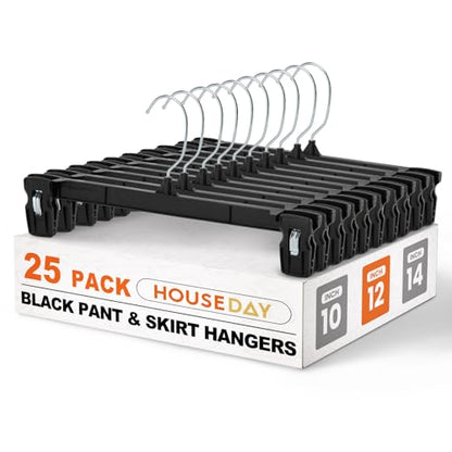 HOUSE DAY Black Pants Hangers with Clips 25 Pack, 12 Inch Skirt Hangers - color: 12"-black, size: 25 Pack