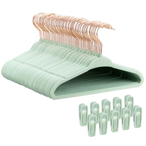 Tonswachic Baby Hangers 11 Inch, 50 Pack Velvet Baby Clothes Hangers Non-Slip Ultra-Slim Children Hangers with 10 Clips for Infant Toddler Newborn, Space-Saving Closet Organization - Green - color: Green, size: 50 Pack