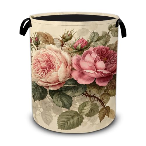 Vintage Peony Flower Laundry Basket,Foldable Oxford Laundry Hamper with Handles,Collapsible Clothes Storage Bucket Tote Bag for Laundry Room,Bathroom,Bedroom,Dorm - color: Vintage Peony Flower