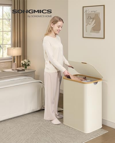 SONGMICS Laundry Hamper with Lid, 140L Laundry Basket, Bamboo Frame - color: Cream White, size: 140 L (2-Section)