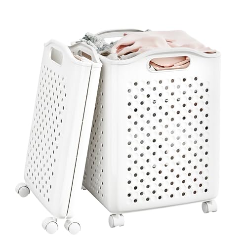 57L Foldable Collapsible Laundry Basket, with Wheels+Handles(Pearl White) - color: Pearl White