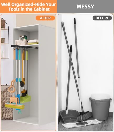Pull Out Broom Holder With Adjustable Double Row Sliding Hook-Black 14.2IN - color: Black, size: 36cm/14.17inch