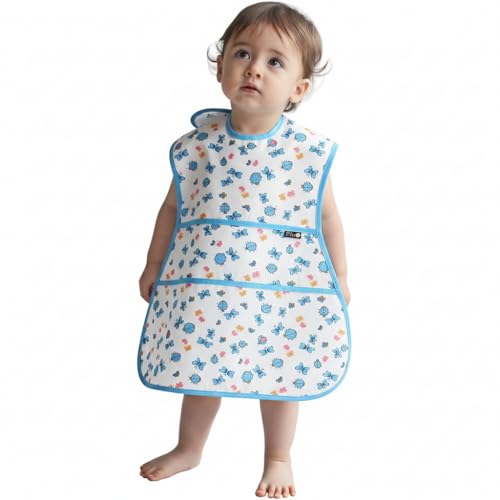 Plie Full Coverage Waterproof Feeding Bib for Toddlers – Extra Long Apron Bib for Mealtime, Self-Feeding, High Chairn - color: Blue/Butterfly