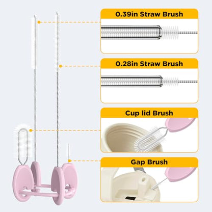 Straw Cleaner Brush Set, 4-in-1 with Stand and Key Ring, Pink - color: Pink, size: Standard Version（For Kids & Adults）