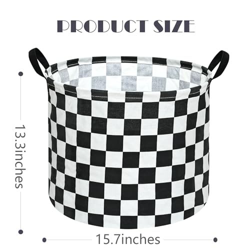 3 Pack Checkered Storage Baskets with Leather Handles, Foldable Fabric Toy Storage Bins with Waterproof Lining, Large Round Laundry Hamper for Kids Room, Nursery, Bedroom, Playroom Organization - color: 3pack Racing Checkered