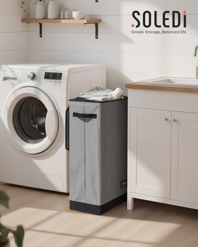 SOLEDI Slim Laundry Basket with Lid, Narrow Laundry Hamper for Small Space - color: Grey, size: 70L