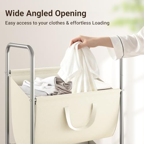 ELYKEN 3-Tier Vertical Rolling Laundry Hamper with Wheels & Removable Bags - color: Creamy