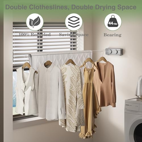 Danpoo Retractable Clothesline, Anti-Sag Adjustable Knob Heavy-Duty Clothes Line for Indoors/Outdoors with 2 * 13.8ft Stainless Steel Wire, Laundry Wall Drying Solutions, Gray - style: Grey