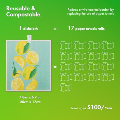 Swedish Dishcloths for Kitchen, 6 Pack Lemon Swedish Dish Towels with Clips, Reusable Paper Towels Washable Non-Scratch Super Absorbent Cellulose Sponge Cloths, Biodegradable No Odor - color: Lemon