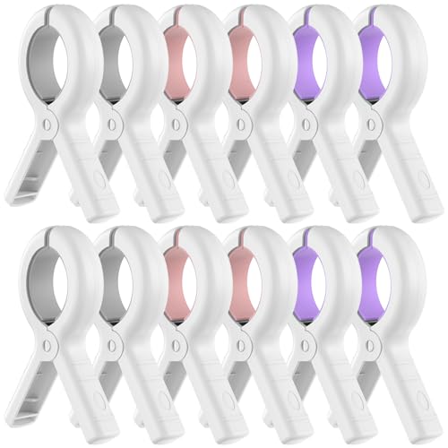 Senbowe 12 Pack Beach Towel Clips,Pool Chair Clips,Heavy Duty Plastic Clothes Pins,Quilt Drying Clips,Windproof Clothes Clips,Keep Your Towel,Clothes,Blankets to Dry on Clothesline and Hanging Rack - color: Grey, Pink, Purple (3.7 Inch)