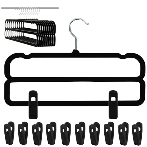 WJWSKI Velvet Pants Hangers with Double Non Slip Bar - with Adjustable Clips- Thin Space Saving Clothes Hanger - 360° Swivel Felt Trouser Hanger Perchas Terciopelo 10 Pack (Black) - color: Black