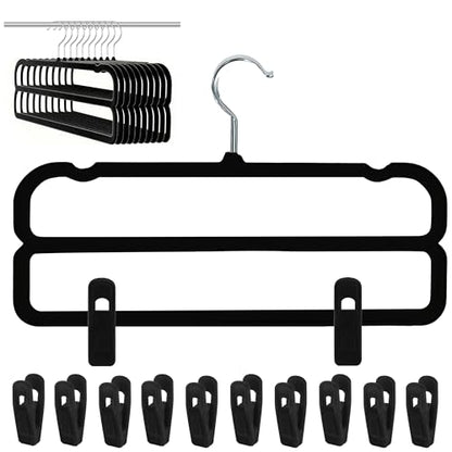 WJWSKI Velvet Pants Hangers with Double Non Slip Bar - with Adjustable Clips- Thin Space Saving Clothes Hanger - 360° Swivel Felt Trouser Hanger Perchas Terciopelo 10 Pack (Black) - color: Black