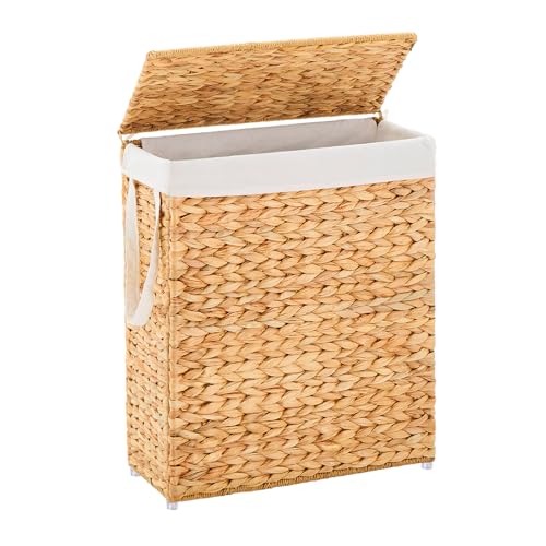 Slim Laundry Hamper with Lid, Handwoven Natural Water Hyacinth Basket - color: Natural, size: 75L